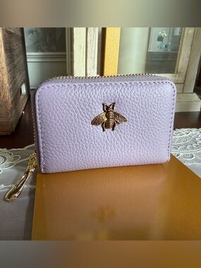 Women's Lilac Leather Zip Card Holder Wallet with Bee Accent